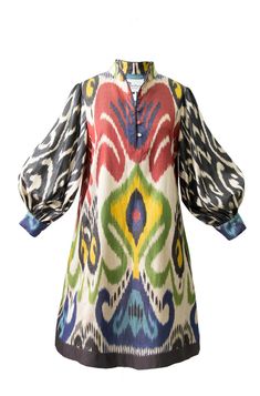 Multicolor Short Silk Ikat Dress, Image Linen Dresses Elegant, Uzbek Dress, Post Baby Fashion, Bed Jackets, Jai Guruji, Silk Cape, Brown Maxi Dresses, Kaftan Designs, Quilt Dress