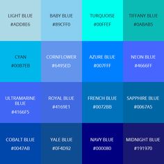 the color scheme for royal blue is shown in different colors and font styles, including red, white, blue, green, purple, and black