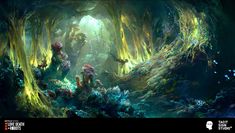 an underwater scene with people in the water and plants growing out of the caves