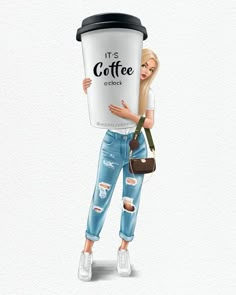 a woman holding up a coffee cup with the words it's coffee