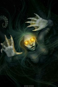 an image of a creepy creature with yellow eyes and hands in the air, surrounded by text that reads mystic magi antholgy