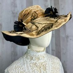 1910s Edwardian HAT Mocha Brown Velvet Wide Brim W/ Feather Plumes 17 Diameter - Etsy Victorian Fitted Hats For Costumes, Curved Brim Top Hat For Kentucky Derby Costume, Victorian Style Fitted Costume Hats, Victorian Fitted Costume Hats, Vintage Gold Hat With Flat Brim, Victorian Short Brim Hat For Vintage Events, Victorian Fitted Brimmed Costume Hats, Victorian Costume Hat With Curved Brim, Victorian Hat With Short Brim For Church