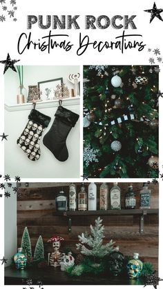 a christmas tree with stockings hanging from it and other decorations on the shelf in front