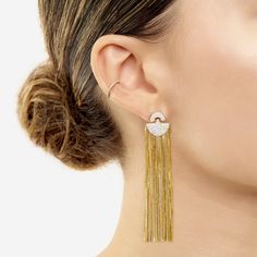 These statement earrings boast sparkling pavé diamonds and a dramatic 14-karat solid gold fringe that shimmers as it sways. Waterfall Earrings, Diamond Ear Cuff, Necklace Length Guide, Bracelet Size Chart, Diamond Huggies, Gold Fringe, Baguette Diamond Rings, Chain Anklet, Bracelet Sizes