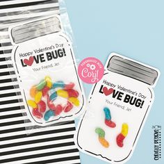 two valentine's day candy bags are shown in front of a striped bag with the words happy valentine's day love bug on it