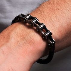 Eggert Stainless Steel & Cowhide Bicycle Chain Bracelet Black