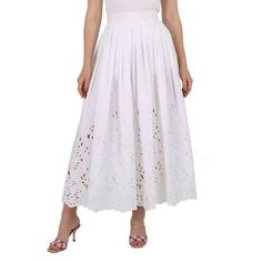 Chloe Ladies Bottoms. Fashion category: Skirts. SKU: CHC22SJU03481101. Color: White. Chloe Ladies White Embroidered Mid-Length Skirt. Cut from cotton poplin, this skirt features a high waist, a scalloped hem, hidden back zipper, mid-length, and embellished with floral and leaf motif broderie anglaise. 100% Cotton. Size: 8.  Gender: female.  Age Group: adult. Spring Embroidered Skirted Bottoms, Embroidered Skirted Bottoms For Spring, Elegant Summer Skirt With Cutwork Hem, White Embroidered Maxi Skirt For Spring, Spring Embroidered Ankle-length Bottoms, Elegant White Skirt With Cutwork Hem, Ankle-length Relaxed Skirt For Spring, Spring Ankle-length Relaxed Skirt, Elegant Ankle-length Spring Skirt