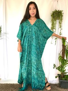 Teal Green Long Kaftan Dress Fringe Rayon Caftan Maxi Dress | Etsy V-neck Batik Print Festival Dress, Spring V-neck Kaftan With Batik Print, Green V-neck Batik Print Dress, V-neck Dresses With Natural Dye, Green Batik Print V-neck Dress, Green Batik Print Kaftan For Beach, Green Batik Print Kaftan For Festival, Traditional V-neck Maxi Dress With Batik Print, Green Batik Print Kaftan