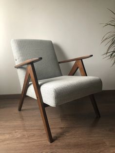 a chair sitting on top of a hard wood floor next to a potted plant