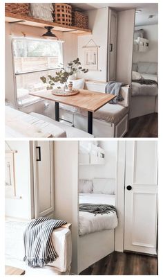 the interior and exterior of an rv with white walls, wood flooring and furniture