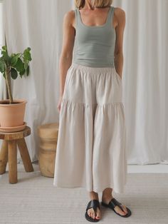 Get excited for our first-ever women's skirt designed to be worn day in, day out! Now, you can finally create twinning outfits for you and your little one! 100% organic linen, 185g. We are introducing a NEW women's version of our bestselling Tutti skirt. Lightweight and breathable with an elegant shape that falls to a mid-calf length, is ideal for summer escapades, beach-days or evening alfresco. It's simple, versatile and easy to style plus it has two handy pockets. Both our models are 165 tall Casual Beige Skirt For Loungewear, Beige Casual Skirt For Loungewear, Casual Beige Loungewear Skirt, Beige Casual Loungewear Skirt, Summer Cotton Tiered Skirt Bottoms, Summer Tiered Cotton Skirt, Summer Linen Flowy Skirt, Casual Linen Tiered Skirt Bottoms, Casual Linen Tiered Skirt