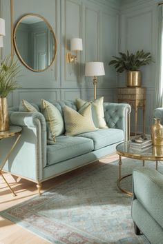 a living room filled with furniture and a large mirror on the wall above it's headboard