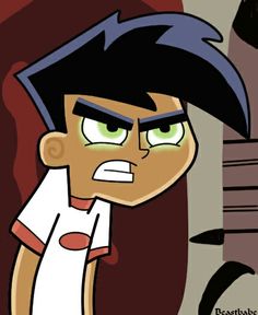 an animated image of a young man with black hair and green eyes looking at something