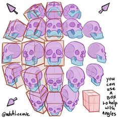 a bunch of purple skulls with different shapes and sizes on the top one is drawn in pencil