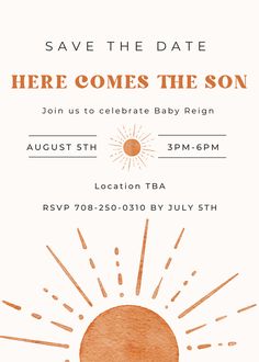 an orange and white sun is on the back of this save the date party card