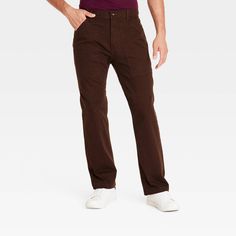 Take your workwear style to the next level with these Straight-Leg Utility Pants from Goodfellow & Co™. Made from heavyweight cotton with spandex and comfy lining, these herringbone-color pants are tailored in a straight-leg and relaxed-fit silhouette for comfortable wear. The belt-loop waistband with a fly button and zipper offers a secure fit, while the front patch pockets and back welt pockets offer convenient storage of essentials while you're on the go. Goodfellow & Co™: Feel good in what y Fitted Brown Utility Cargo Pants, Brown Fitted Utility Cargo Pants, Brown Fitted Utility Pants, Fitted Brown Work Pants With Pockets, Cotton Relaxed Fit Cargo Pants For Outdoor Work, Cotton Utility Work Pants For Fall, Fitted Cotton Cargo Pants With Side Pockets, Fall Utility Work Pants In Cotton, Fall Utility Cotton Work Pants