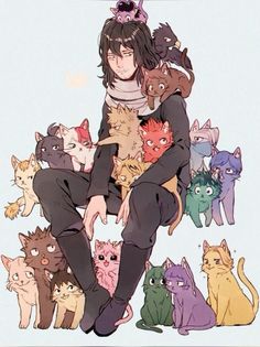 a woman sitting on top of a pile of cats in front of other cats and kittens