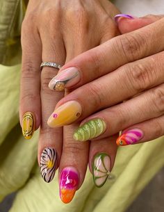 Christmas Summer Nails, Colourful Nails Designs, Summer Nail Art 2024, Orange Nails Design, Colourful Nail Art, Colourful Acrylic Nails, Mix Match Nails, Mani Ideas, Summery Nails