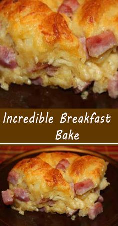 two pictures of the same breakfast bake, one has ham and cheese on it