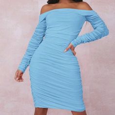 Off Shoulder Ruched Bodycon Dress. Nwot Elegant Ruched Light Blue Bodycon Dress, Blue Midi Dress With Folds, Blue Spring Dresses With Folds, Light Blue Ruched Bodycon Dress, Blue Ruched Mini Dress For Fall, Light Blue Long Sleeve Ruched Mini Dress, Light Blue Ruched Bodycon Dress For Party, Chic Light Blue Ruched Bodycon Dress, Blue Off-shoulder Ruched Midi Dress