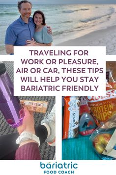 a man and woman standing next to each other on the beach with text reading traveling for work or pleasure, air car, these tips will help you stay