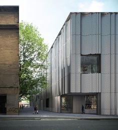 an architectural rendering of a building on the corner of a street with people walking by