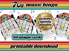 the 70's music bingo game is shown in three different colors and styles, including gold