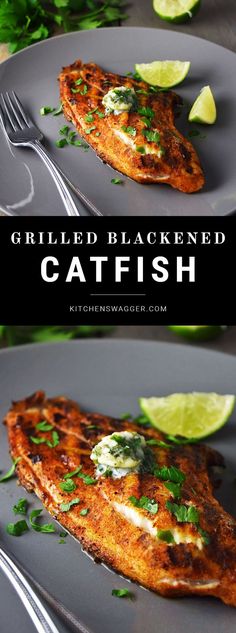 grilled blackened catfish with cilantro, lime and parsley on the side