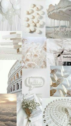 the collage is filled with many different things in white and grey colors, including balloons,