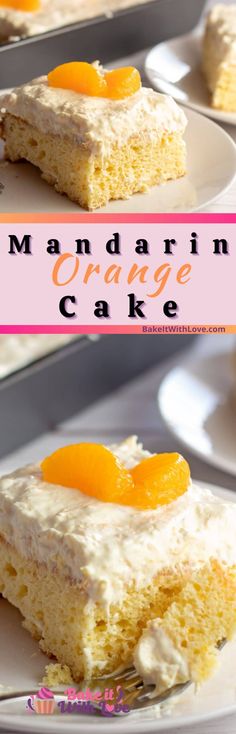 there is a piece of cake with oranges on it and the words mandarin orange cake