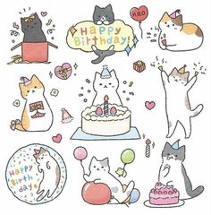 Birthday Doodle, Birthday Card Drawing, Cat Birthday Card, Cat Doodle, Stickers Kawaii, Bday Cards, Card Drawing, Art Diary, Cute Doodle Art