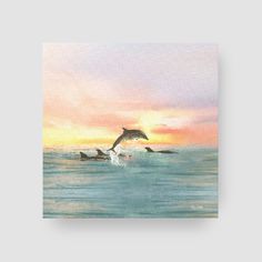 a painting of three dolphins in the ocean at sunset with one jumping out of the water