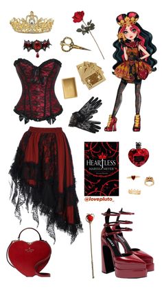 a red and black outfit with accessories on it