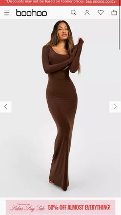 23 Fashion, Shoplook Outfits, Slinky Dress, Modern Minimalism, Sleeve Maxi Dress, Dresses Backless, Long Sleeve Maxi, Brown Dress, Fit Inspo