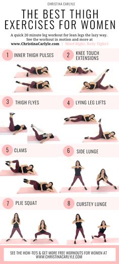 8 of the best thigh Exercises that burn fat and tighten and tone the inner and outer thighs quickly from trainer Christina Carlyle. Best Thigh Exercises, Thigh Exercises For Women, Christina Carlyle, Burn Thigh Fat, Outer Thigh Workout, Tone Thighs, Trening Fitness, Yoga Iyengar