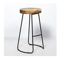 a wooden stool sitting on top of a metal frame stand with an iron base and wood seat