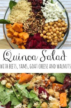 quinoa salad with beets, yams, goat cheese and walnuts