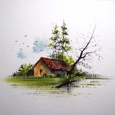 a painting of a house in the middle of water with trees and birds flying around