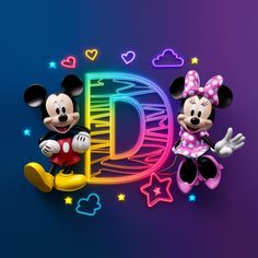 mickey and minnie mouse standing next to the letter d