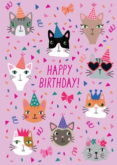 a birthday card with cats wearing party hats