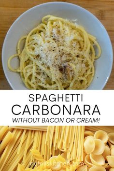 spaghetti carbonara without bacon or cream is an easy and delicious dinner that's ready in less than 30 minutes