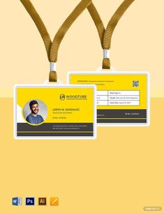 two id cards with lanyards attached to them on a yellow and white background