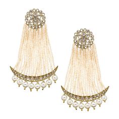 Love India by Blossom Box's Jai Earrings comes in a gold plated finish with stunning polki stones & pearls to make these exquisite earrings really special - this pair are light in weight & can be paired with almost any outfit. Perfect accessory for every jewelry box! Handcrafted Metal: Metal Alloy, Gold Plated Stone: Polki Stones & Pearls Size: Length: 4" Width: 3" Closure: Post for Pieced Ears Elegant Kundan Danglers For Celebration, Elegant Kundan Chandelier Earrings With Pearl Drop, Elegant Pearl Drop Danglers For Reception, Festive Elegant Dangling Bead Earrings, Festive Gold Plated Bridal Earrings, Festive Elegant Earrings With Dangling Beads, Elegant Festive Latkans Earrings, Gold Pearl Earrings With Latkans, Temple Jewelry Chandbali Earrings With Pearl Chain