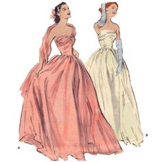 "Vintage Ball Gown Pattern With attached stole or strapless, this beautiful strapless evening or bridal, wedding gown with beautifully moulded bodice and flowing bouffant skirt (view B) adds a new detail in (view A) the wispy, floating stole-scarf that is attached to one side then drapes around the shoulders. Offered here as: Paper Pattern Skill Level: Intermediate Size Guide: (14-16-18-20) Size 14 Bust 36\" (92cm) Waist 28\" (71cm) Hips 38\" (97cm) Size 16 Bust 38\" (97cm) Waist 30\" (76cm) Hip Dress Patterns Uk, 1950s Prom Dress, Vintage Fashion Sketches, Prom Dress Pattern, 50s Prom, Gown Sewing Pattern, Vintage Ball Gowns, Evening Dress Patterns, 1950s Sewing Patterns