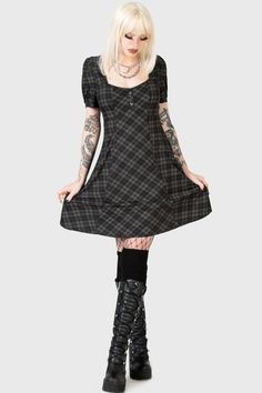 PERDITA.- Soft, stretch fabric.- Statement tartan print.- Square neckline.- Puffed sleeves.- Empire neckline.- A-line silhouette.- Fitted.With KILLSTAR branding, 95% Viscose, 5% Elastane.Machine wash cold (30°c) / Do not bleach / Do not tumble dry / Iron at low temperature / Do not dry clean. Imported. Black Fitted A-line Plaid Dress, Fitted Black Knee-length Plaid Dress, Fitted A-line Plaid Dress For Fall, Fitted Lined Plaid Dress, Fitted Plaid Dresses With Lining, Plaid Fitted Mini Dress, Fitted Plaid Dress With Square Neck, Fitted A-line Plaid Dresses, Fitted Plaid Mini Dress With Square Neck