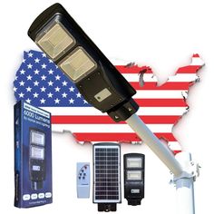 an american map with two solar powered street lights and other electronic devices in front of it