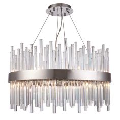 a modern chandelier with glass tubes hanging from the ceiling