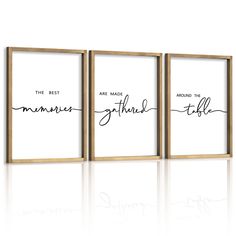 three framed wall art prints with the words, they are made from wood and have handwritten