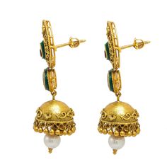 22K Yellow Gold Jhumki Drop Earrings W/ Ruby, Emerald, Kundan & Mango Accents in Antique Finish for women. Wear these beautiful Jhumki drop earrings for a unique complement to your desired ensemble. They are embellished with rubies, emeralds, kundan and mango accents in an antique finish. They are 2.28 inches long, 18 mm wide with a total gold weight of 23.9 grams. Kundan Yellow Gold Drop Danglers, Traditional Gold Chandbali Clip-on Earrings, Gold Kundan Chandelier Drop Earrings, Gold Meenakari Ruby Earrings, Ceremonial Ruby Meenakari Earrings, Gold Bead Necklace, Ruby Emerald, Antique Finish, Gold Material