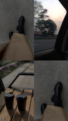 there are three pictures of the inside of a car with coffee cups on the dashboard